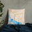 Custom Baytown Texas Map Throw Pillow in Watercolor on Bedding Against Wall