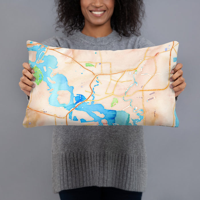 Person holding 20x12 Custom Baytown Texas Map Throw Pillow in Watercolor