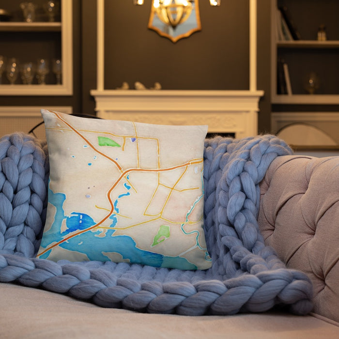 Custom Baytown Texas Map Throw Pillow in Watercolor on Cream Colored Couch