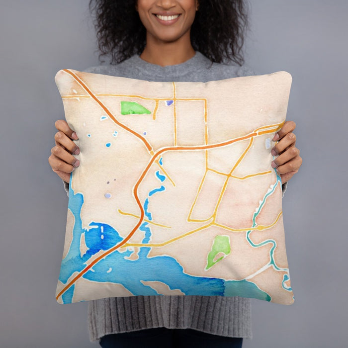 Person holding 18x18 Custom Baytown Texas Map Throw Pillow in Watercolor