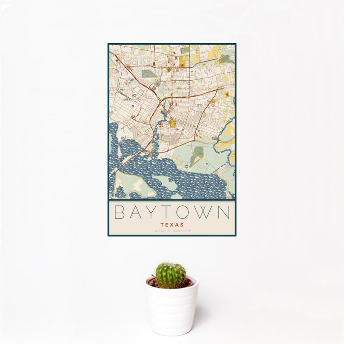 12x18 Baytown Texas Map Print Portrait Orientation in Woodblock Style With Small Cactus Plant in White Planter