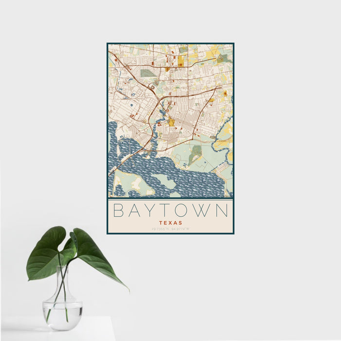 16x24 Baytown Texas Map Print Portrait Orientation in Woodblock Style With Tropical Plant Leaves in Water