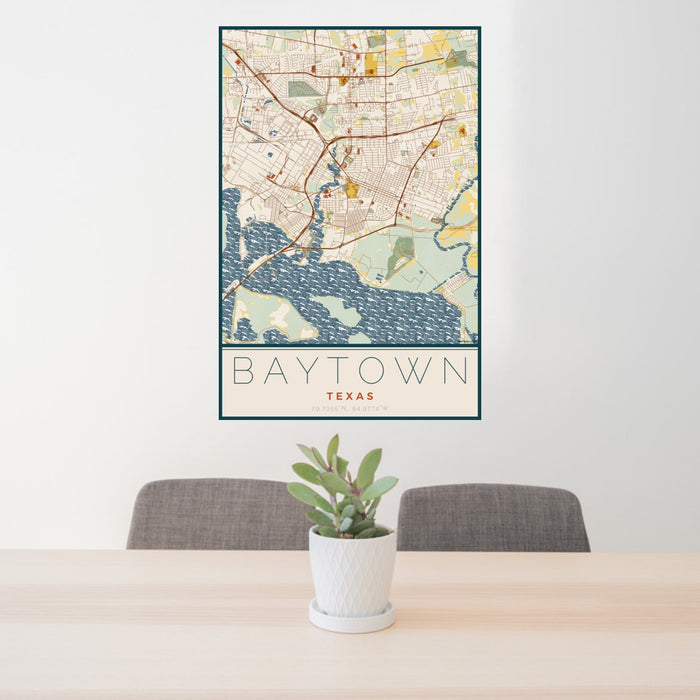 24x36 Baytown Texas Map Print Portrait Orientation in Woodblock Style Behind 2 Chairs Table and Potted Plant