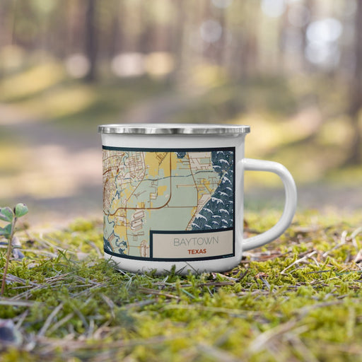 Right View Custom Baytown Texas Map Enamel Mug in Woodblock on Grass With Trees in Background