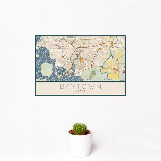 12x18 Baytown Texas Map Print Landscape Orientation in Woodblock Style With Small Cactus Plant in White Planter