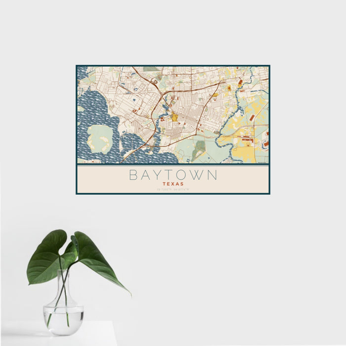 16x24 Baytown Texas Map Print Landscape Orientation in Woodblock Style With Tropical Plant Leaves in Water