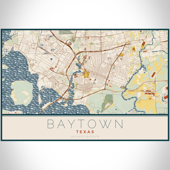 Baytown Texas Map Print Landscape Orientation in Woodblock Style With Shaded Background