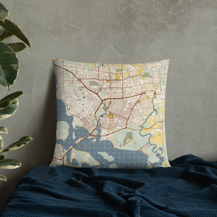 Custom Baytown Texas Map Throw Pillow in Woodblock on Bedding Against Wall