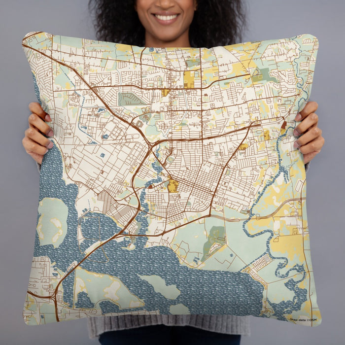 Person holding 22x22 Custom Baytown Texas Map Throw Pillow in Woodblock