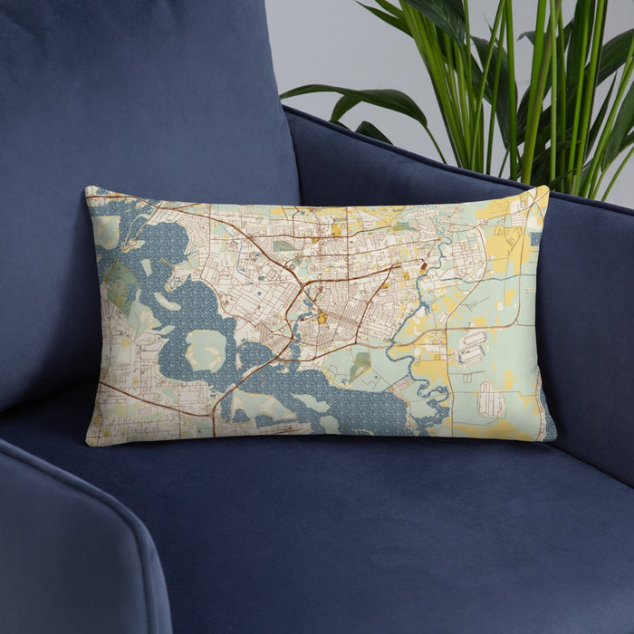 Custom Baytown Texas Map Throw Pillow in Woodblock on Blue Colored Chair