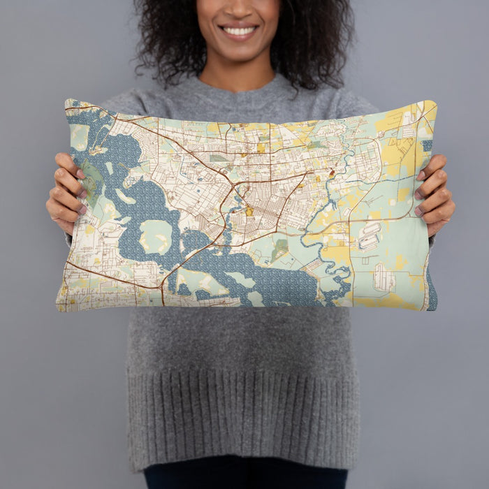 Person holding 20x12 Custom Baytown Texas Map Throw Pillow in Woodblock