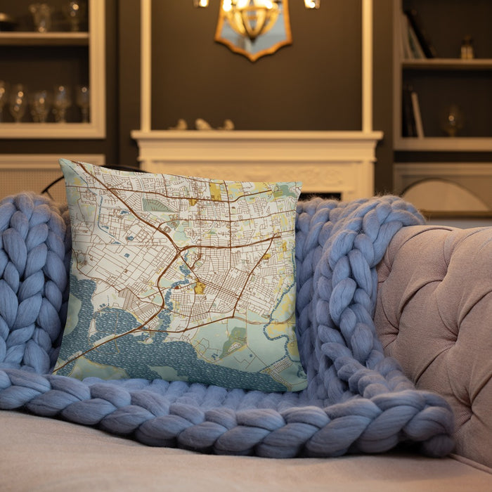 Custom Baytown Texas Map Throw Pillow in Woodblock on Cream Colored Couch