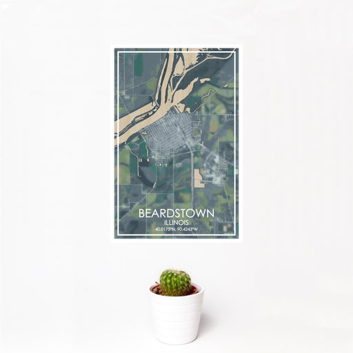 12x18 Beardstown Illinois Map Print Portrait Orientation in Afternoon Style With Small Cactus Plant in White Planter