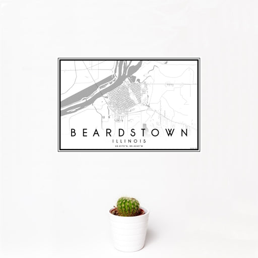 12x18 Beardstown Illinois Map Print Landscape Orientation in Classic Style With Small Cactus Plant in White Planter