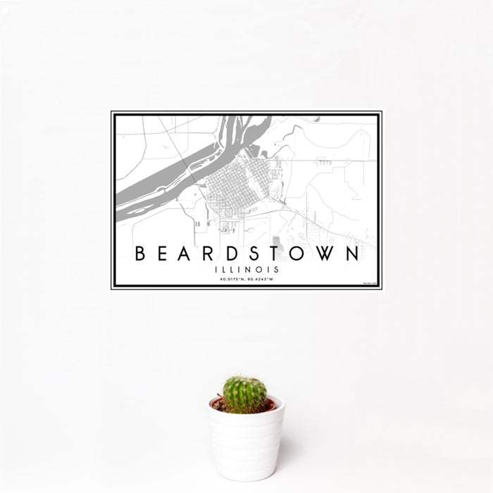 12x18 Beardstown Illinois Map Print Landscape Orientation in Classic Style With Small Cactus Plant in White Planter