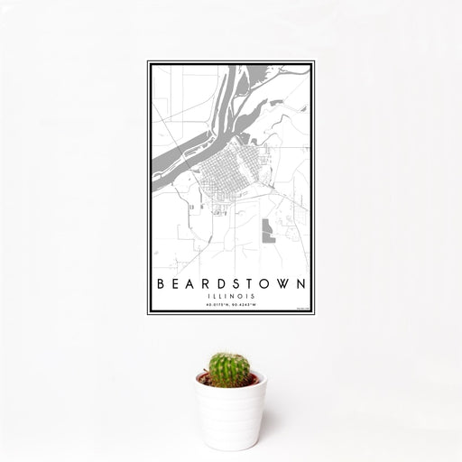 12x18 Beardstown Illinois Map Print Portrait Orientation in Classic Style With Small Cactus Plant in White Planter