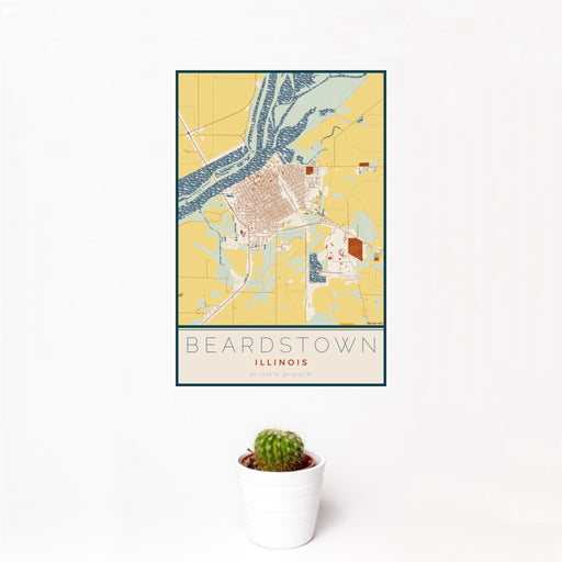 12x18 Beardstown Illinois Map Print Portrait Orientation in Woodblock Style With Small Cactus Plant in White Planter