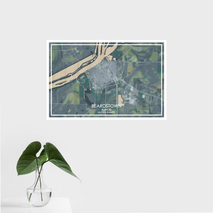 16x24 Beardstown Illinois Map Print Landscape Orientation in Afternoon Style With Tropical Plant Leaves in Water