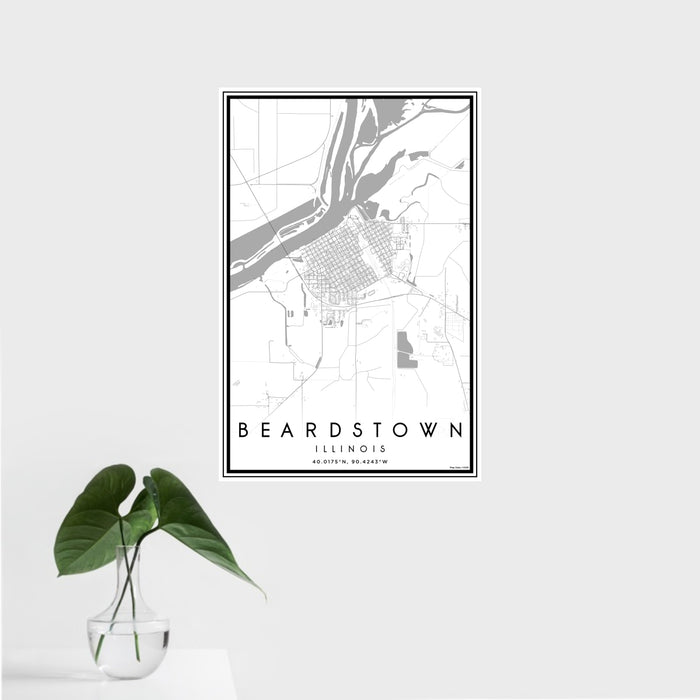 16x24 Beardstown Illinois Map Print Portrait Orientation in Classic Style With Tropical Plant Leaves in Water