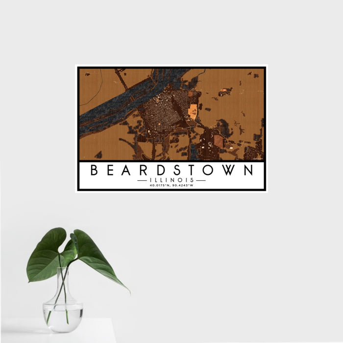 16x24 Beardstown Illinois Map Print Landscape Orientation in Ember Style With Tropical Plant Leaves in Water