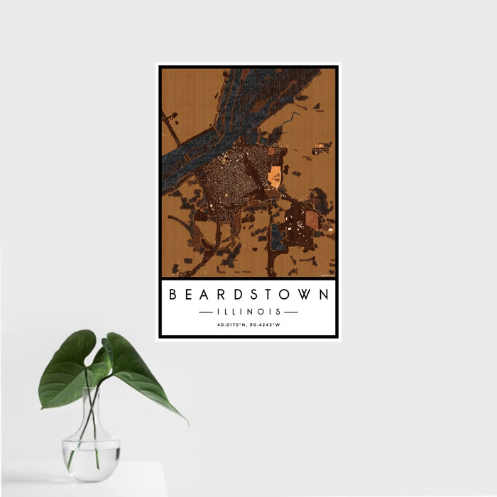16x24 Beardstown Illinois Map Print Portrait Orientation in Ember Style With Tropical Plant Leaves in Water