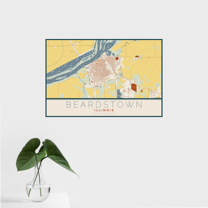 16x24 Beardstown Illinois Map Print Landscape Orientation in Woodblock Style With Tropical Plant Leaves in Water