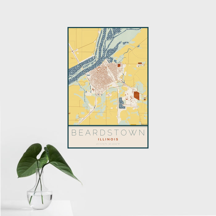 16x24 Beardstown Illinois Map Print Portrait Orientation in Woodblock Style With Tropical Plant Leaves in Water