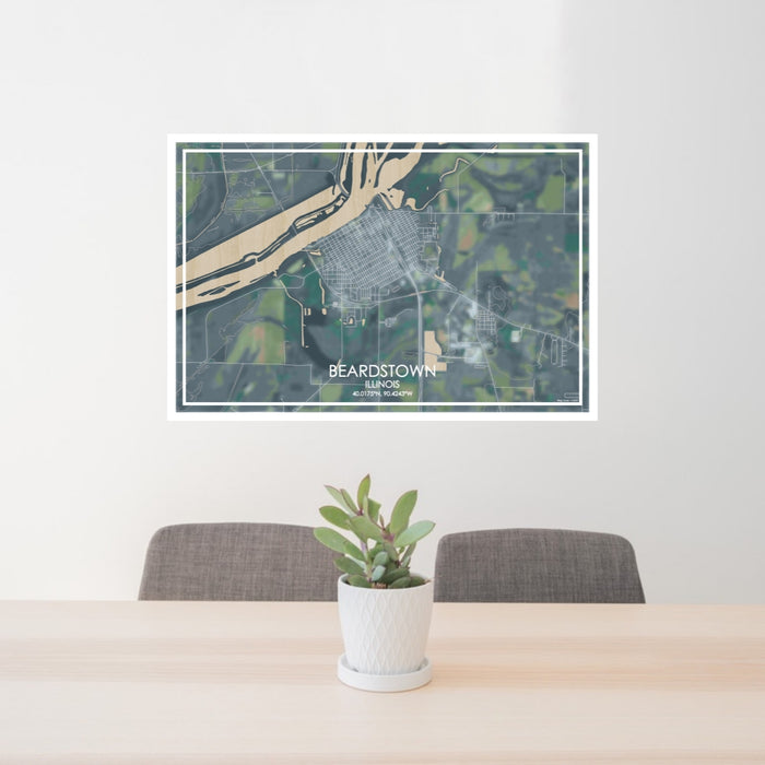 24x36 Beardstown Illinois Map Print Lanscape Orientation in Afternoon Style Behind 2 Chairs Table and Potted Plant