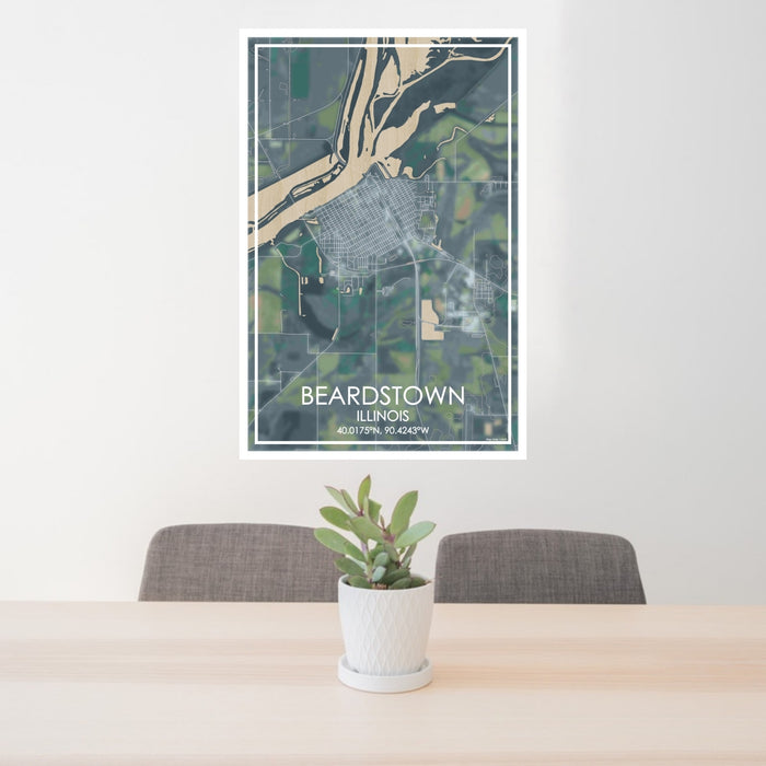 24x36 Beardstown Illinois Map Print Portrait Orientation in Afternoon Style Behind 2 Chairs Table and Potted Plant