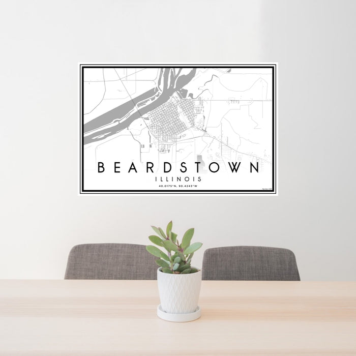 24x36 Beardstown Illinois Map Print Lanscape Orientation in Classic Style Behind 2 Chairs Table and Potted Plant