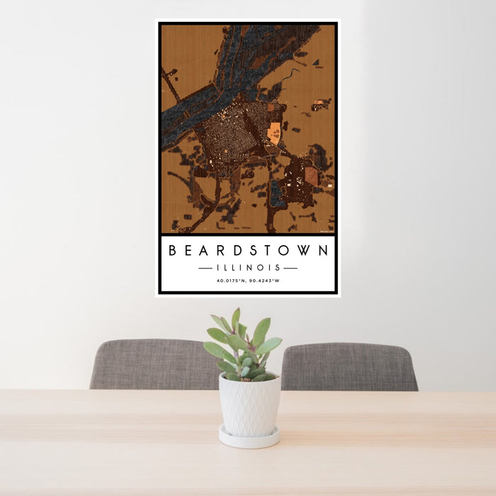 24x36 Beardstown Illinois Map Print Portrait Orientation in Ember Style Behind 2 Chairs Table and Potted Plant