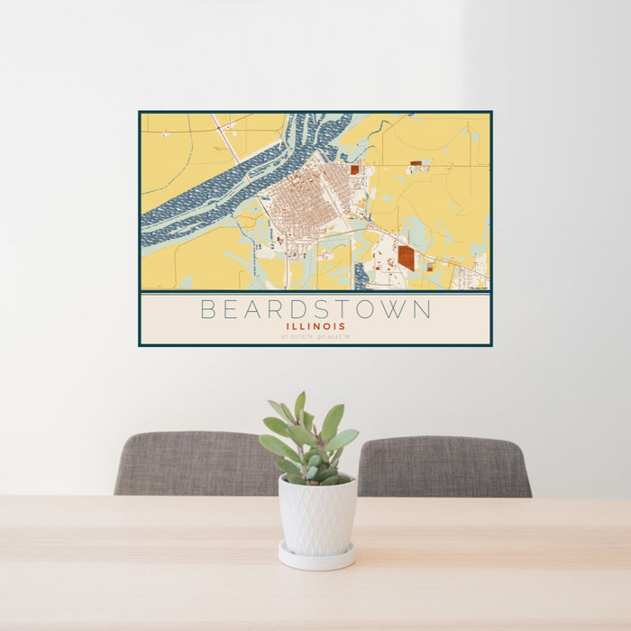 24x36 Beardstown Illinois Map Print Lanscape Orientation in Woodblock Style Behind 2 Chairs Table and Potted Plant