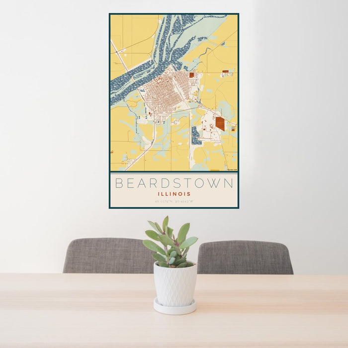24x36 Beardstown Illinois Map Print Portrait Orientation in Woodblock Style Behind 2 Chairs Table and Potted Plant