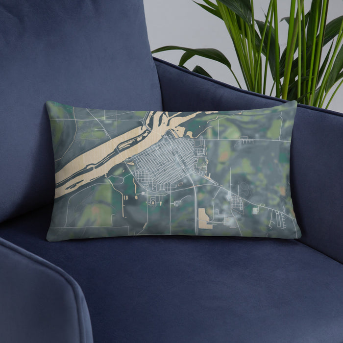 Custom Beardstown Illinois Map Throw Pillow in Afternoon on Blue Colored Chair
