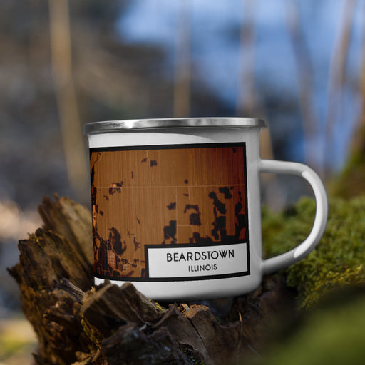 Right View Custom Beardstown Illinois Map Enamel Mug in Ember on Grass With Trees in Background