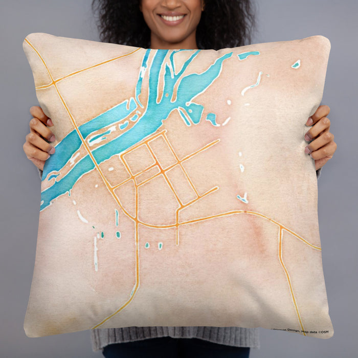 Person holding 22x22 Custom Beardstown Illinois Map Throw Pillow in Watercolor