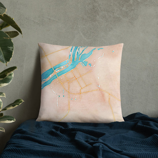 Custom Beardstown Illinois Map Throw Pillow in Watercolor on Bedding Against Wall