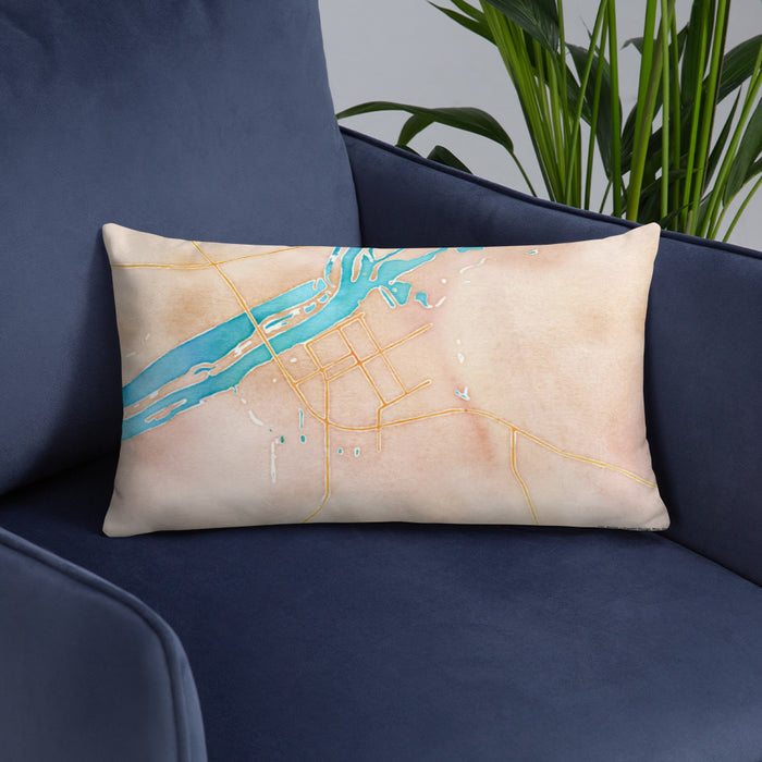 Custom Beardstown Illinois Map Throw Pillow in Watercolor on Blue Colored Chair