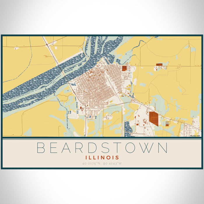 Beardstown Illinois Map Print Landscape Orientation in Woodblock Style With Shaded Background