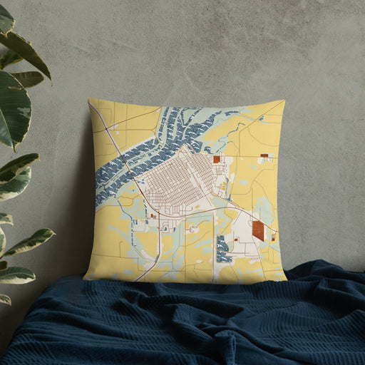 Custom Beardstown Illinois Map Throw Pillow in Woodblock on Bedding Against Wall