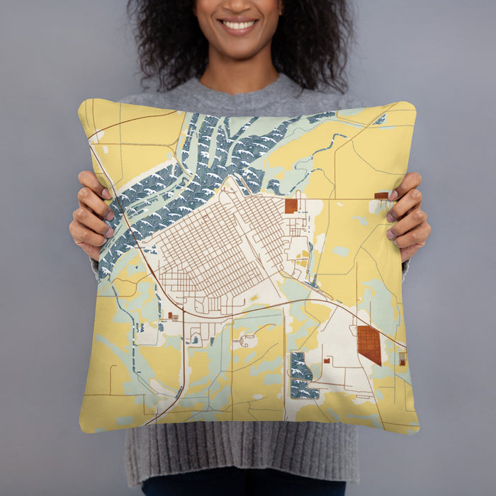 Person holding 18x18 Custom Beardstown Illinois Map Throw Pillow in Woodblock
