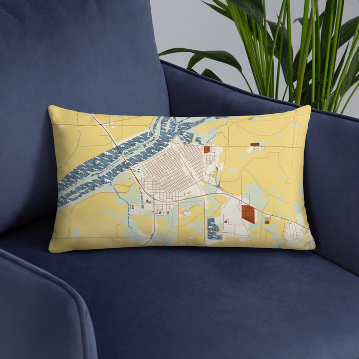 Custom Beardstown Illinois Map Throw Pillow in Woodblock on Blue Colored Chair