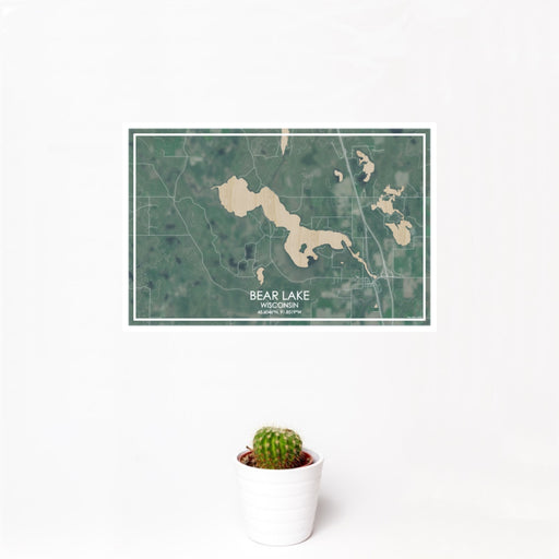 12x18 Bear Lake Wisconsin Map Print Landscape Orientation in Afternoon Style With Small Cactus Plant in White Planter