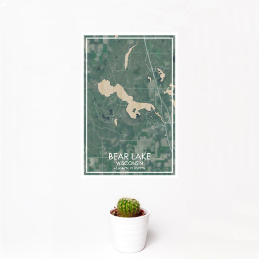 12x18 Bear Lake Wisconsin Map Print Portrait Orientation in Afternoon Style With Small Cactus Plant in White Planter