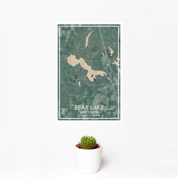 12x18 Bear Lake Wisconsin Map Print Portrait Orientation in Afternoon Style With Small Cactus Plant in White Planter