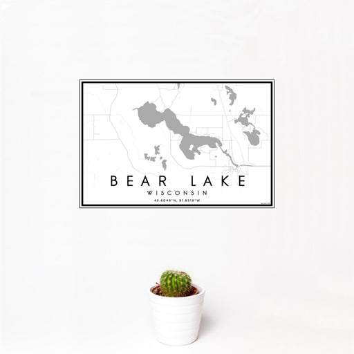 12x18 Bear Lake Wisconsin Map Print Landscape Orientation in Classic Style With Small Cactus Plant in White Planter