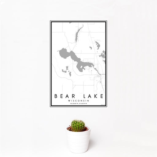 12x18 Bear Lake Wisconsin Map Print Portrait Orientation in Classic Style With Small Cactus Plant in White Planter