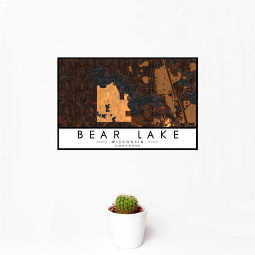 12x18 Bear Lake Wisconsin Map Print Landscape Orientation in Ember Style With Small Cactus Plant in White Planter