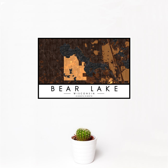12x18 Bear Lake Wisconsin Map Print Landscape Orientation in Ember Style With Small Cactus Plant in White Planter