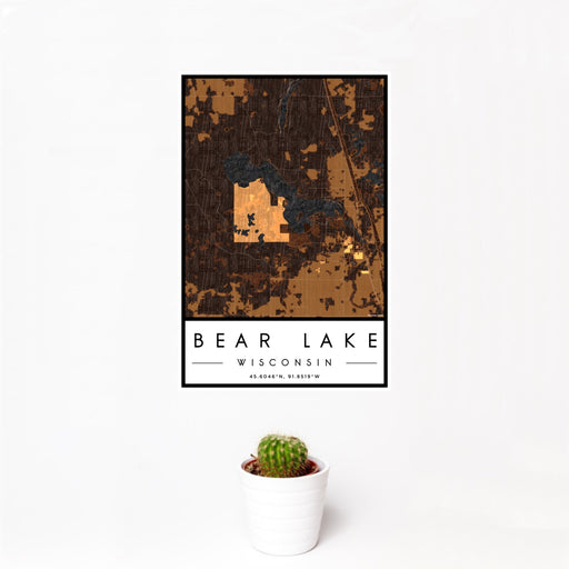 12x18 Bear Lake Wisconsin Map Print Portrait Orientation in Ember Style With Small Cactus Plant in White Planter